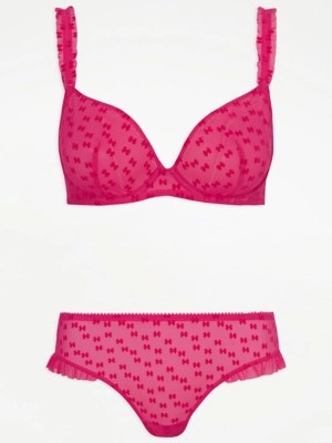 Pink Flock Bra and Knickers 2 Piece Set Women at ASDA