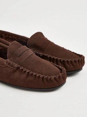 Chocolate Faux Fur Lined Moccasin Slippers Men at ASDA