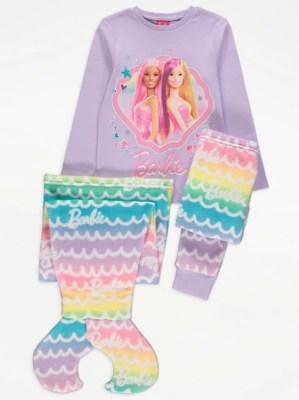 Barbie Rainbow Mermaid Print Pyjamas With Blanket Kids at ASDA