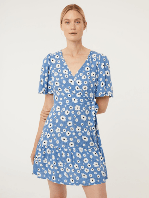 Blue Floral Print Wrap Front Mini Dress Women at ASDA