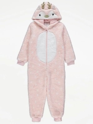 Pink Reindeer Fleece Hooded Onesie Kids at ASDA