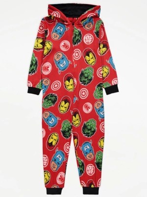 Marvel Red Superhero Fleece Hooded Onesie Kids at ASDA