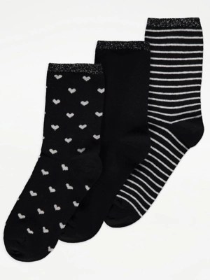 Black Heart Print Ankle Socks 3 Pack Women at ASDA