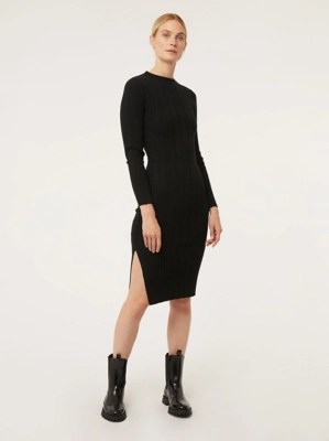 Black Ribbed Long Sleeve Knit Midi Dress Women at ASDA