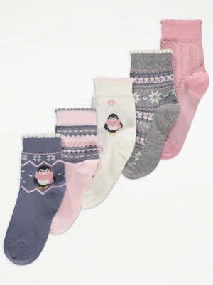 Winter Penguin Cotton Rich Ankle Socks 5 Pack Kids at ASDA