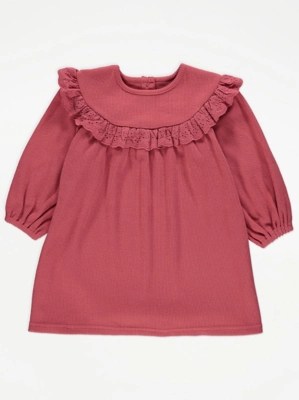 Pink Ribbed Embroidered Long Sleeve Dress Kids at ASDA
