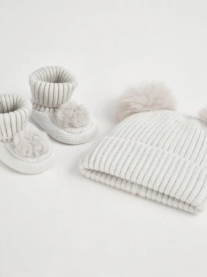 Grey Pom Pom Beanie Hat and Booties 2 Piece Set Baby at ASDA