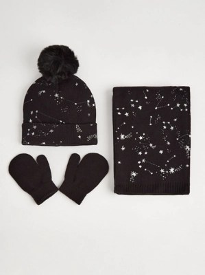Black Star Constellation Hat Scarf and Gloves Set Kids at ASDA
