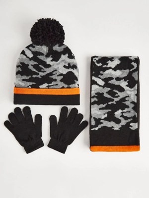 Grey Camouflage Hat Scarf and Gloves 3 Piece Set Kids at ASDA