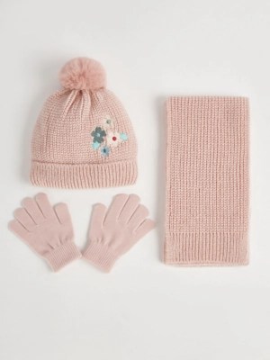 Pink Knitted Floral Hat Scarf and Gloves 3 Piece Set Kids at