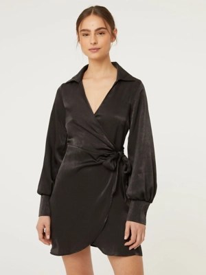 G21 Black Satin Wrap Mini Dress Women at ASDA