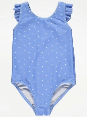 Blue Spot Print Frill Swimsuit Kids at ASDA