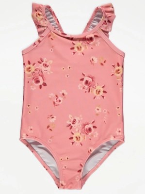Pink Rose Print Frilled Swimsuit Kids at ASDA
