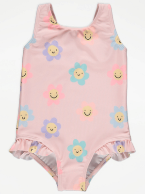 Pink Happy Daisy Print Swimsuit Kids at ASDA