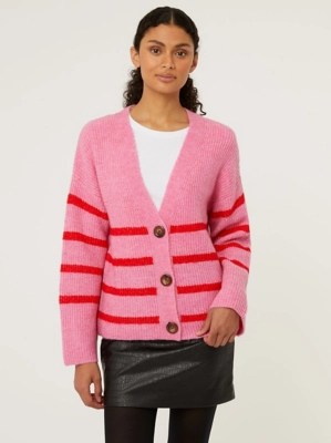 Pink V Necked Button Front Striped Cardigan Women at ASDA