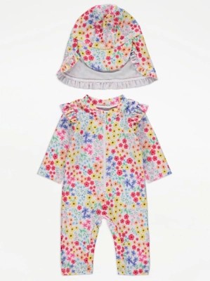 Bright Floral Print All In One Sunsafe Swimsuit and Keppi Hat Baby