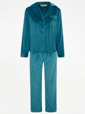 Teal Velour Shirt Pyjamas Women at ASDA