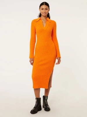Orange Collared Ribbed Knitted Midi Dress Women at ASDA