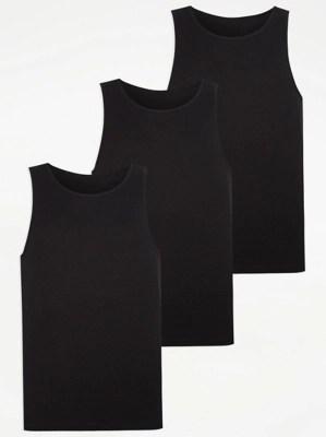 Black Plain Vests 3 Pack Men at ASDA