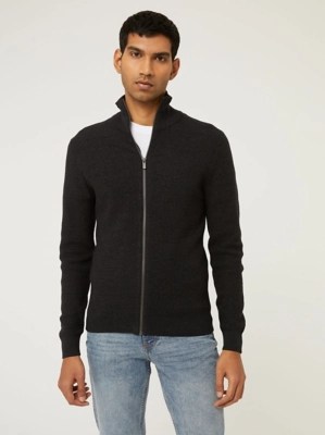 Black Textured Knitted Zip Up Jumper Men at ASDA
