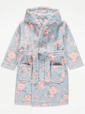 Blue Floral Fleece Hooded Dressing Gown Kids at ASDA