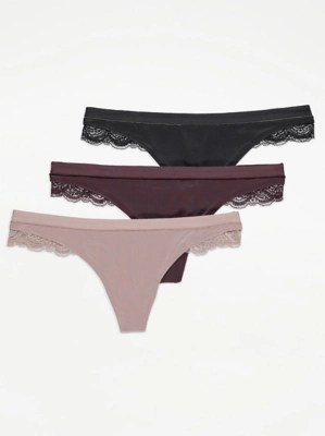 Lace Trim Comfort Thongs 3 Pack Lingerie at ASDA