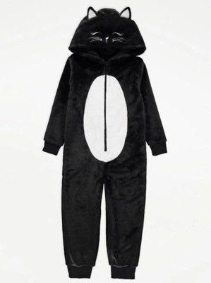 Black Cat Fleece Hooded Onesie Kids at ASDA