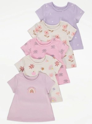 Purple Flower Pastel Short Sleeve Tops 5 Pack Baby at ASDA