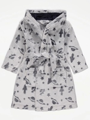 Grey Space Print Fleece Dressing Gown Kids at ASDA
