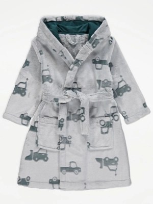 Teal Transport Print Fleece Dressing Gown Kids at ASDA