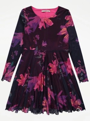 Purple Floral Mesh Dress Kids at ASDA