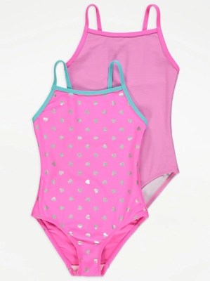 Pink Heart Print Swimsuit 2 Pack Kids at ASDA