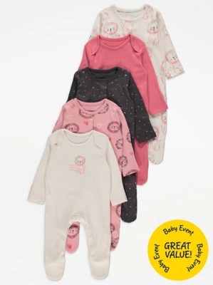 Pink Lion Print Sleepsuits 5 Pack Baby at ASDA
