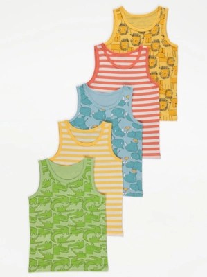 Bright Animal Print Vests 5 Pack Kids at ASDA
