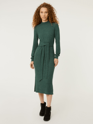 Green Ribbed Tie Waist Midi Dress Women at ASDA