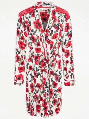 Entice Red Poppy Floral Wrap Over Dressing Gown Women at ASDA