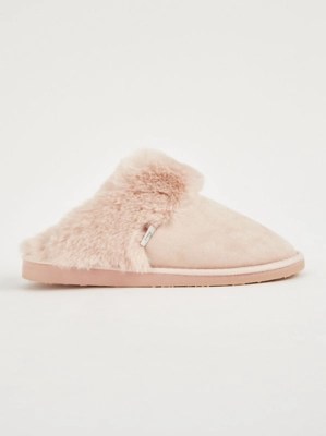 Pink Suedette Fur Trim Mule Slippers Women at ASDA