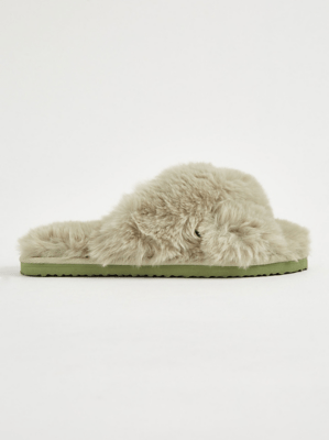 Sage Green Faux Fur Cross Over Slider Slippers Lingerie at ASDA