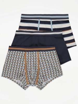Blue Striped Hipster Trunks 3 Pack Men at ASDA