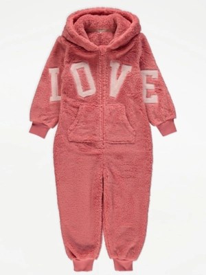 Pink Fleece Love Hooded Onesie Kids at ASDA