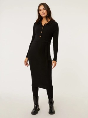 Maternity Black Button Up Ribbed Dress Women at ASDA