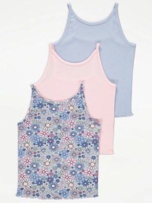 Blue Retro Floral Ribbed Cami Vests 3 Pack Kids at ASDA