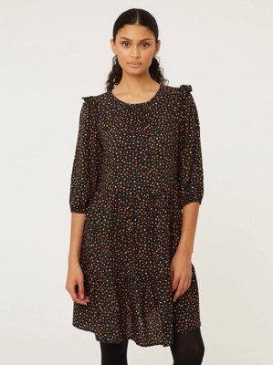 Floral Black Tiered Mini Dress Women at ASDA