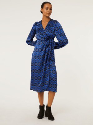 Blue Geo Print Satin Wrap Dress Women at ASDA