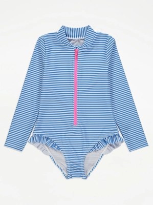 Blue Striped Zip Up Swimsuit Kids at ASDA
