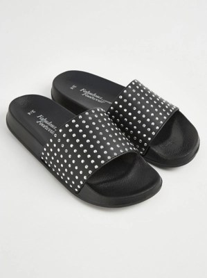 Black Silver Stud Sliders Women at ASDA
