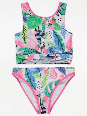 Pink Tropical Twist Bikini Top and Bottoms Set Kids at ASDA