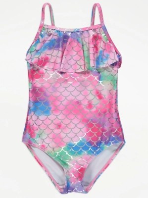 Pink Mermaid Scale Print Frilled Swimsuit Kids at ASDA