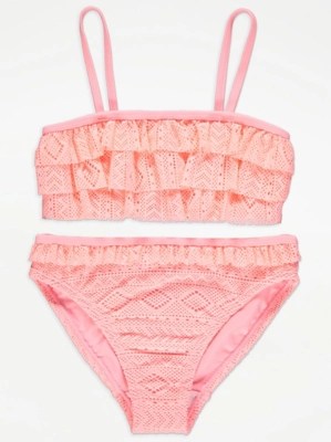 Neon Pink Crochet Frill Bikini Kids at ASDA