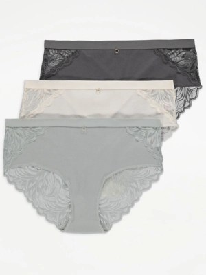 Ribbed Lace Midi Knickers 3 Pack Lingerie at ASDA
